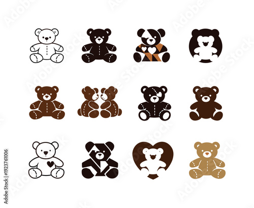 Hand-sewn stuffed animals and toys. Icon set. Set Logo of Hand-sewn stuffed animals and toys: teddy bear. harmonious logo variations of the