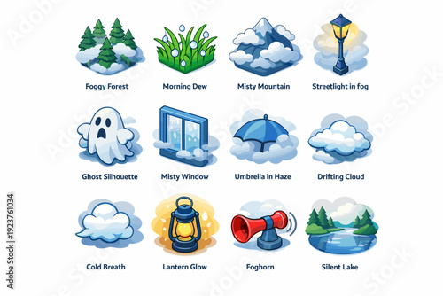 Mist. Colorful isometric vector icons set of Mist: foggy forest, morning dew, misty mountain, streetlight in fog, ghost silhouette, misty