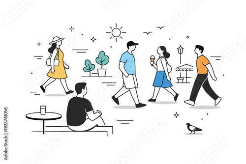 People watching in summer squares. Abstract editorial composition with seated observer and floating silhouettes of passersby. Gentle social