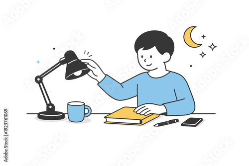 Evening Work Closure. Evening wind-down scenes. Someone turning off a desk lamp and closing a notebook, signaling the end of work time. A clear, calm