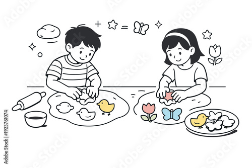 Shaping seasonal treats. Kids using cookie cutters shaped like chicks, tulips, and butterflies, subtle icons of dough and stars floating,