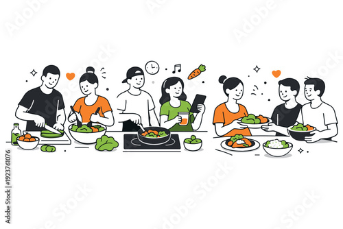 Healthy meal preparation. Several simple characters cooking together and sharing prepared dishes. Friendly teamwork, positive habits, and