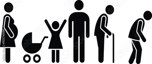 Human life cycle vector icons including pregnant woman, baby stroller, happy child, adult male, elderly senior with cane, and disabled person,