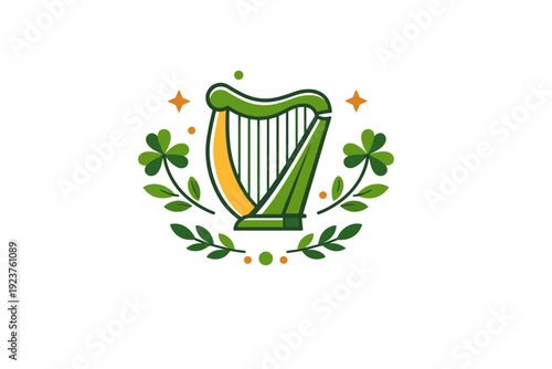 St Patrick?s Day symbols a minimal Celtic harp icon framed by leaves and dots, expressing Irish culture, heritage, and elegant festive symbolism. Minimalist