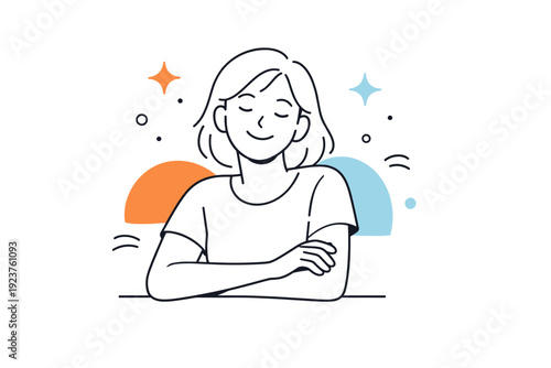 Expressing happiness. A person smiling gently with relaxed posture, conveying joy and positive mood without exaggeration. Small stars and