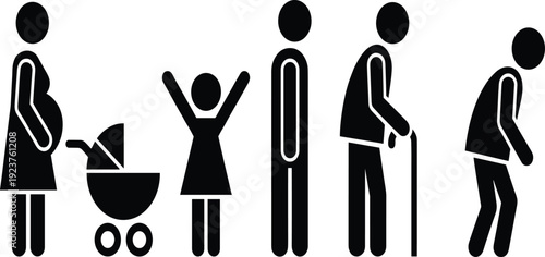 Vector icons representing human life stages, including pregnant woman, baby stroller, happy child, adult man, senior citizen, and disabled elderly person.