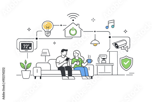 Smart home automation. Simplified house interior with connected devices like thermostat, lights, and security icons linked through clean lines. The scene shows
