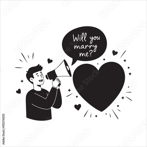 Man with megaphone proposing marriage with will you marry me text and heart illustration