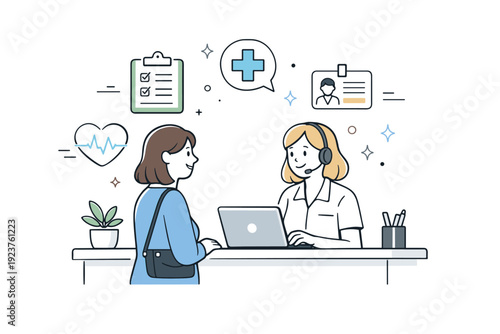Clinic Check-In Scene. Doctor appointment check-in. A calm patient speaking with a friendly receptionist at a bright, airy clinic desk, with floating icons of