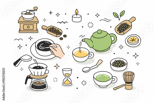 Mindful coffee and tea rituals. A top-view scene of carefully arranged coffee beans, loose tea leaves and simple tools, balanced composition