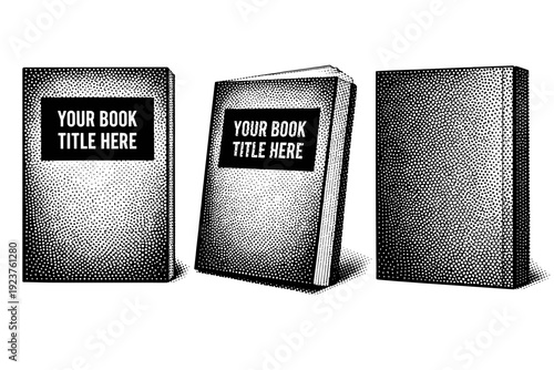 Paperback book cover template with full-bleed layout and title area shown in front view, angled perspective view, and rear cover view as a single object
