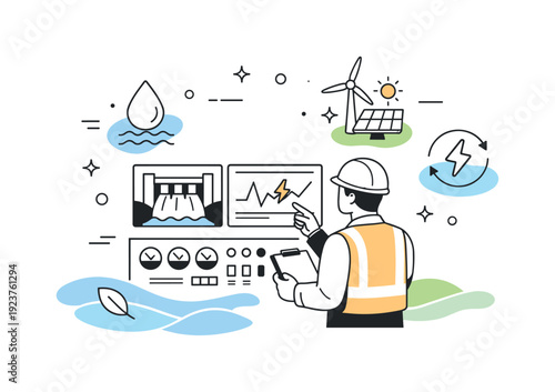 Engineer monitoring renewable energy sources and dam operations on control panel