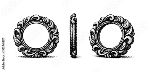 Dotted swirl frame with circular ornamental border shown from front view, side view, and three-quarter view as a single object set with