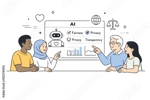 Inclusive AI Dialogue. Ethical AI concepts. Clean scene of diverse characters discussing around a simple AI dashboard, friendly interaction highlighting