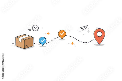 Package tracking. Editorial-style icon showing a parcel connected to a dotted route with checkpoints and a location pin, expressing