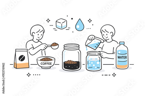 Cold brew preparation. A person measuring coffee and water into a jar for cold brew, floating ice cube and droplet icons, calm and experimental vibe.