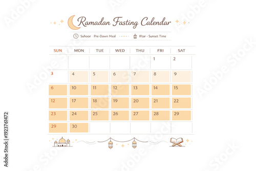 Ramadan fasting calendar design. A clean editorial layout of a monthly calendar with highlighted fasting days and subtle crescent moon