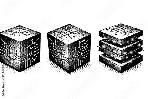 Blockchain network ? decentralized ledger cube. A single decentralized ledger cube depicted in three views showing front face, angled