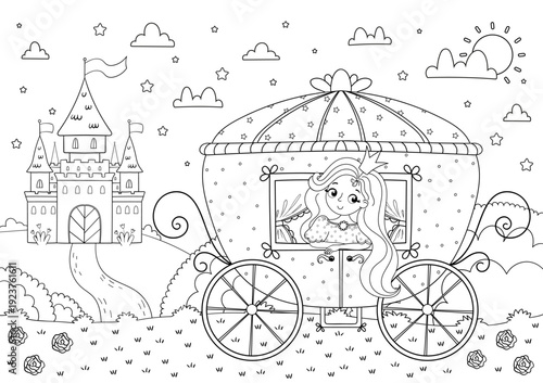 Black and white vector coloring page with cute princess girl in a carriage near a castle. Fairy tale outline illustration for kids activity book, printable worksheet and nursery design.