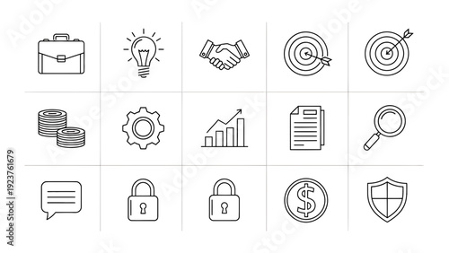 Business Icons Set: Finance, Security, and Success Symbols in Minimalist Design