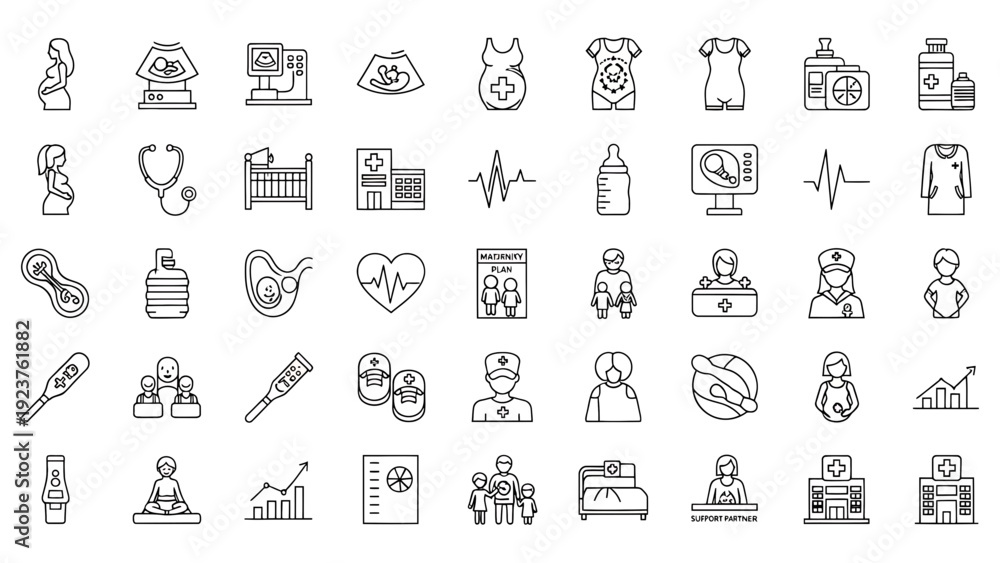 Fototapeta premium Pregnancy and Maternity Icons Set - Simple Line Illustrations for Healthcare