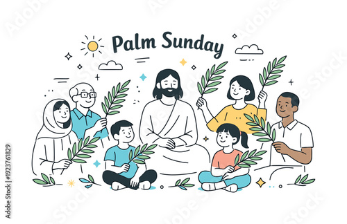 Palm Sunday celebration with Jesus and diverse people holding palm branches
