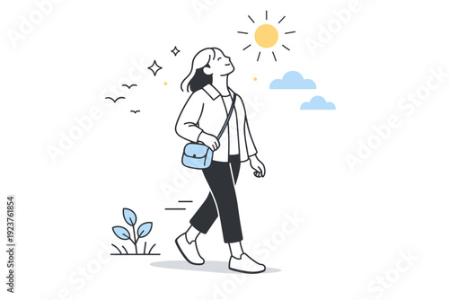 Moment of Light. Seasonal mood lift visuals. Someone pausing mid-step outdoors, lifting face slightly toward light. A fleeting everyday moment of warmth,