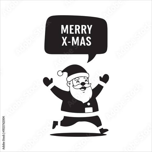 Running Santa Claus with Merry Christmas speech bubble black and white cartoon illustration
