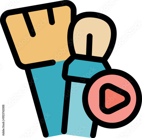 Makeup tutorial video icon showing brushes and play button, representing online beauty education and learning