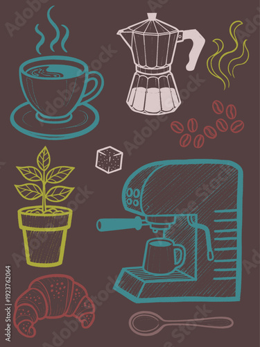 An illustrative vector element collection pack showcasing hand-drawn coffee and breakfast items, including a steaming cup, moka pot, and croissant