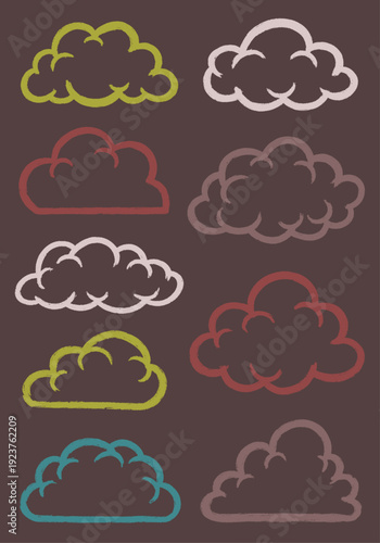 A diverse collection of stylized vector cloud outlines, hand-drawn with a crayon-like texture, perfect for design projects and creative compositions