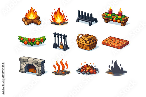 Fireplace Details. Colorful isometric vector icons set of fireplace details: burning logs, crackling flame effect, fire grate, chimney mantle