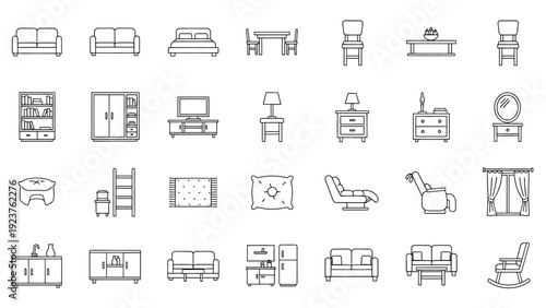 Collection of Modern Furniture Icons in Minimalist Line Art Style for Interior Design