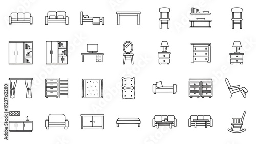 Collection of Minimalist Furniture Icons in Line Art Style for Interior Design