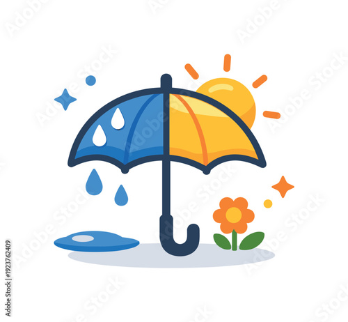Umbrella split between rain and sun, symbolizing weather changes and protection