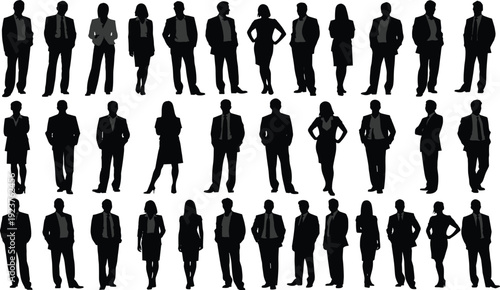 Diverse collection of business people silhouettes, professional men and women in suits standing in various corporate poses, isolated on white background
