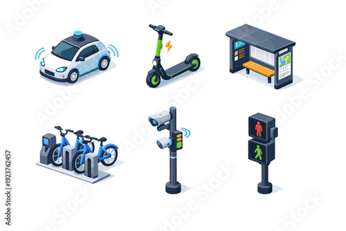 Smart mobility. Isometric flat vector icons set of Smart mobility: autonomous car, shared electric scooter, smart bus stop, bike sharing dock, traffic sensor