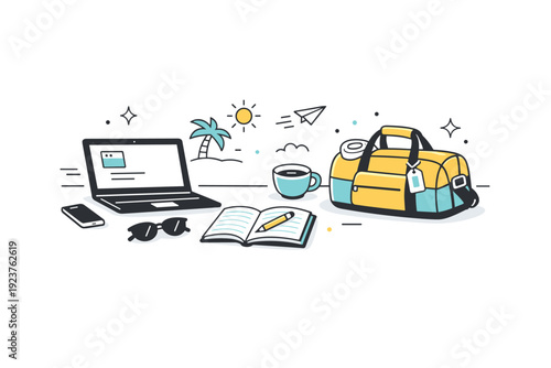 Workdays mixed with vacation vibes. A relaxed workspace includes a laptop, notebook, and travel bag, showing work fitting smoothly into a getaway routine. The