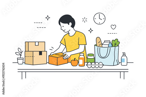Daily errands lifestyle indoors. A person prepares items at home, sorting packages or placing groceries on a table. Quiet domestic rhythm and