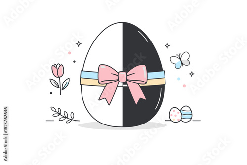 Easter egg packaging concept. Minimal egg-shaped box with soft pastel accents and simple ribbon detail, presented in a clean editorial scene.