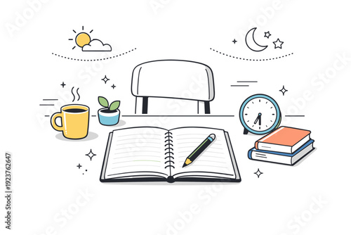 Empty notebooks potential. End-of-day setting with a notebook on a quiet desk, a chair slightly pulled out as if someone just left or is