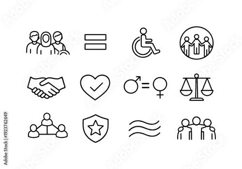Equality and Inclusion. Line outline icon set of Equality and Inclusion: diverse figures,