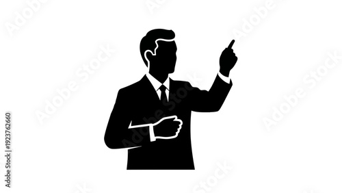 Businessman pointing upwards in a suit, confident gesture, black silhouette