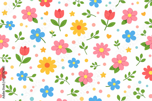 Spring floral pattern featuring a repeating mix of flowers and soft decorative dots that create a playful yet elegant visual rhythm. A friendly seasonal design