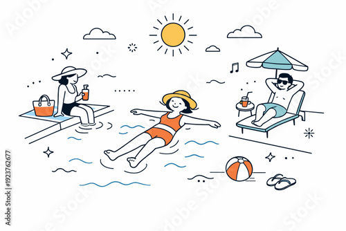 Serene Pool Moments. Swimming pool leisure afternoons. Person floating peacefully in the pool while others relax nearby, slow movement and quiet mood. Summer