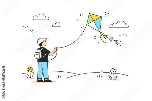 Springtime kite flying scene. Person holding a colorful kite on a grassy field, gentle breeze and open sky, light joy and seasonal freedom in