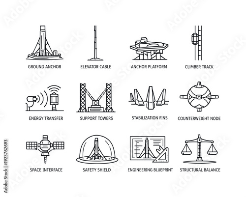 Space elevator structure. Line outline icon set of space elevator structure: ground anchor,