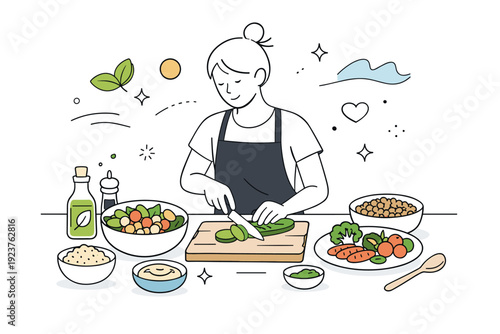 Mindful Meal Preparation. Plant-based lifestyle choices. A person preparing a colorful plant-based meal with vegetables, grains, and legumes on a clean kitchen