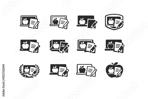 Writing a thank-you note to a teacher. Icon set. Set Logo of Writing a thank-you note to a teacher: paper and chalkboard combo. harmonious