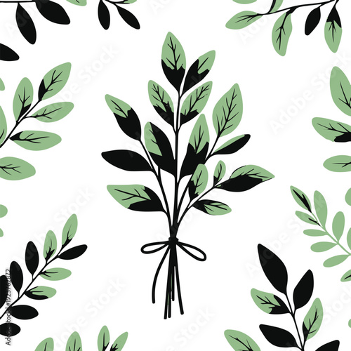 Minimalist natural floral vector sticker of herbal leaf bundle tied together, bold black thick clean outline, pure white background 2